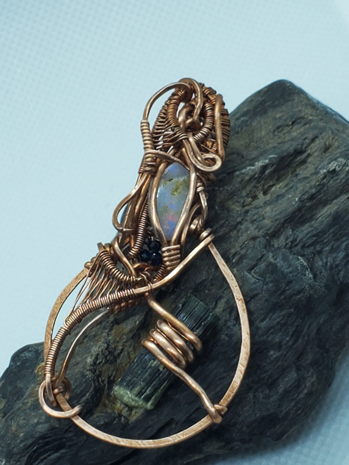 Green cap tourmaline, cracked opal, & sapphire beads