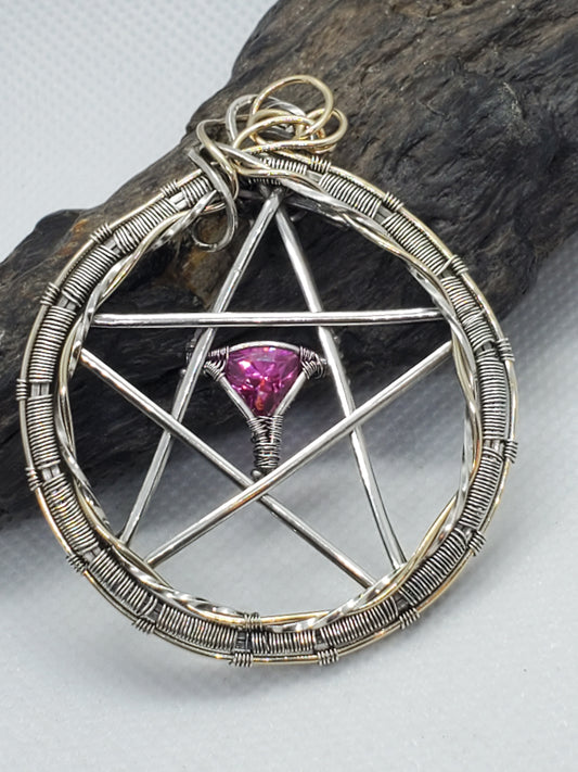 Wiccan pentical ruby, silver & gold