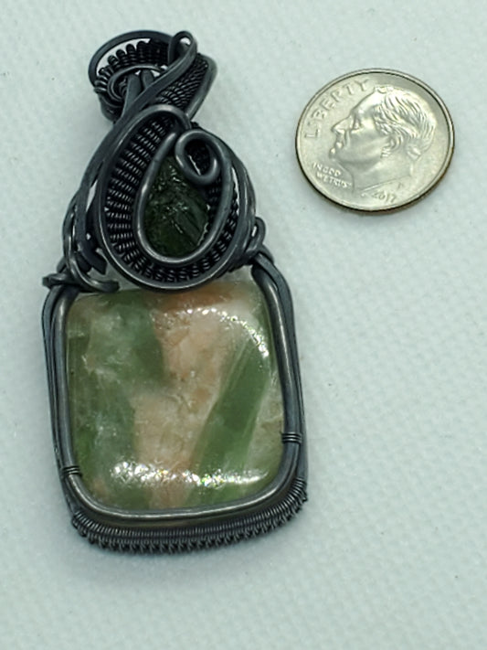 Seraphinite & sunstone with green tourmaline chunk